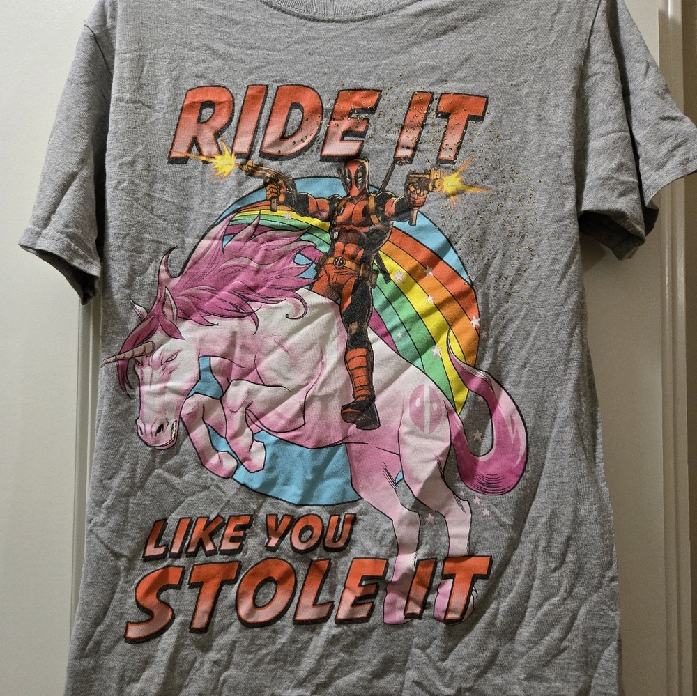 Marvel Deadpool graphic T-shirt ride "ride it like you stole it"